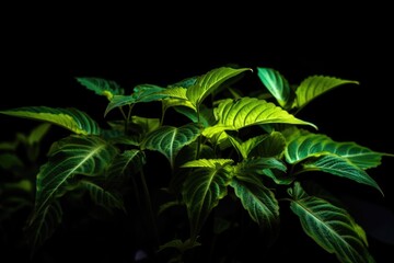 Wall Mural - close-up of neon green plant with black background, created with generative ai