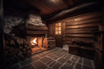 Wall Mural - cozy cabin with roaring fireplace and stack of firewood on a cold winter night, created with generative ai