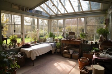 Canvas Print - decluttered sunroom, with peaceful view of the garden, created with generative ai