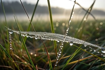 Poster - close-up of dew drop on a blade of grass, with misty morning meadows in the background, created with generative ai