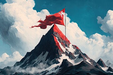 Wall Mural - mountain peak with red flag, surrounded by blue sky and fluffy clouds, created with generative ai