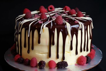 Wall Mural - white chocolate cake with dark chocolate drizzle and raspberry accents, created with generative ai