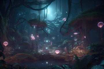 Wall Mural - dreamlike forest with strange lights and otherworldly music, inhabited by alien creatures, created w