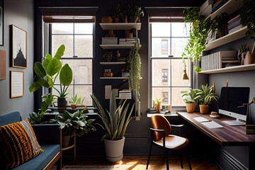 Wall Mural - office with plants on bookshelves and in window sills, created with generative ai