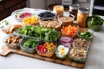 Sticker - meal prep station with board, knife, and ingredients for week of healthy lunches, created with generative ai