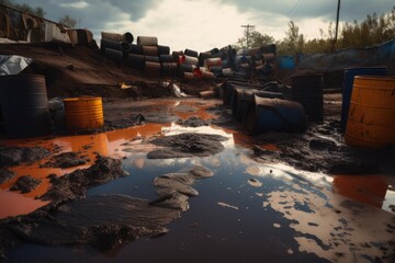 Sticker - an overflowing chemical waste dump, spilling toxic substances onto the ground, created with generative ai