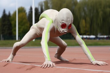 Wall Mural - alien athlete performing acrobatic maneuver during track & field event, created with generative ai