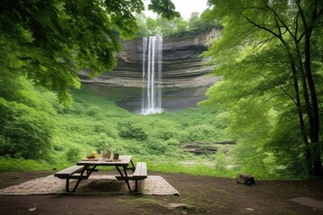 Poster - picnic with view of waterfall, surrounded by greenery, created with generative ai