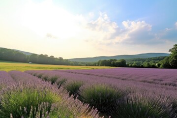 Poster - lavender field in the sun, with a view of the rolling hills, created with generative ai