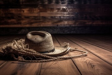 Wall Mural - cowhide rug on wooden floor with cowboy hat and rope in the background, created with generative ai