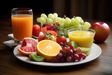 Wall Mural - plate of fresh fruits and vegetables, with a glass of juice on the side, created with generative ai