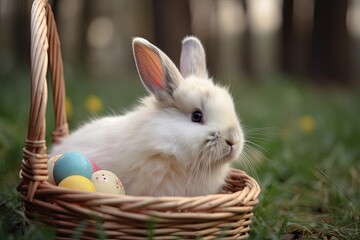 Canvas Print - Cute white rabbit with easter eggs in a basket on green grass. AI generated.