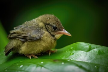 Sticker - baby bird resting on green leaf, created with generative ai