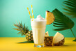 A traditional Caribbean pina colada cocktail in a glass, with a slice of pineapple and palm leaves. Isolated on a bright green background. Cold summer pina colada with whipped cream. Generative AI 