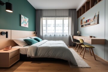 Poster - neat and tidy bedroom with minimalist decor and colorful accents, created with generative ai