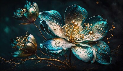 Wall Mural - Generative AI, Close up of blooming flowerbeds of amazing teal flowers on dark moody floral textured background. Photorealistic effect..