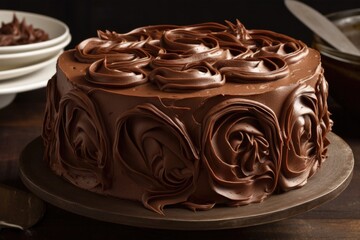 Wall Mural - chocolate cake with luscious layer of rich frosting and decorative swirls, created with generative ai