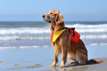 Wall Mural - dog with lifeguard vest and whistle on beach patrol, created with generative ai