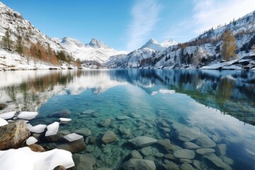 Poster - crystal-clear lake surrounded by snow-covered mountains in winter, created with generative ai