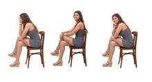 Side View Group Of Same Young Girl Sitting On Chair With Cross Legged On White Background