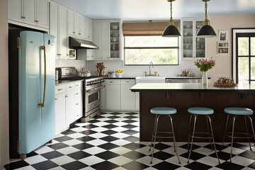 Poster - mid-century modern kitchen with classic black and white checkerboard flooring, stainless steel appliances, and sleek barstools, created with generative ai