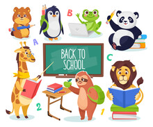 Set Of Cute Animal Schoolchildren Icons Isolated On White Background. Characters Of A Lion, Panda, Sloth, Frog, Hamster, Laptop And Penguin Go Back To School. Cartoon Vector Illustration.