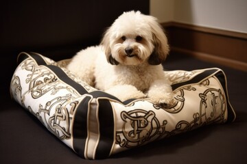 Canvas Print - luxurious and custom-made pet bed with fluffy pillows, designer fabric and embroidered monogram, created with generative ai