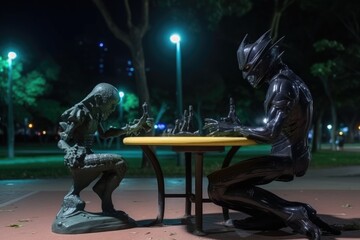 Wall Mural - scene of alien playing chess at park in the evening, created with generative ai