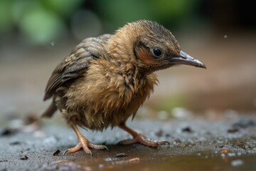 Wall Mural - baby bird, hungry and pecking at the ground for food, created with generative ai