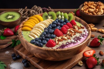 Sticker - smoothie bowl topped with fresh fruits, nuts, and seeds, created with generative ai