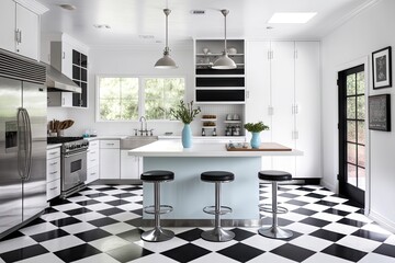 Sticker - mid-century modern kitchen with classic black and white checkerboard flooring, stainless steel appliances, and sleek barstools, created with generative ai