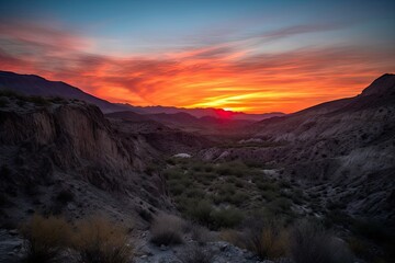 Wall Mural - sunset over fiery canyon with silhouette of rugged mountain range in the background, created with generative ai