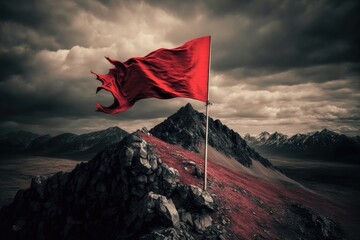 red flag fluttering in the wind on top of mountaintop, created with generative ai