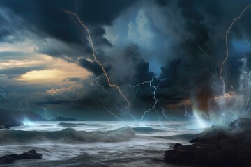 Sticker - abstract and surreal landscape with crashing waves, storm clouds, and lightning, created with generative ai