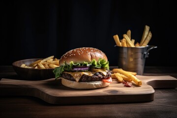 Wall Mural - classic burger and fries on wooden board, ready to be consumed, created with generative ai