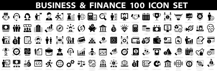 Wall Mural - Business and Finance 100 icon set. Business people, human resources, office management, money, bank, contact, infographic and more. Vector illustration