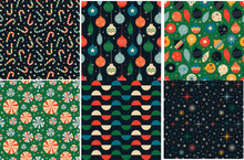 Vintage Retro Christmas Seamless Backgrounds In The Style Of The 60s And 70s. Vector Illustration