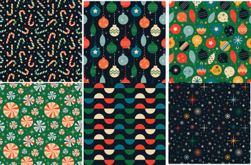 Wall Mural - Vintage retro Christmas seamless backgrounds in the style of the 60s and 70s. Vector illustration