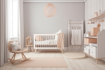 modern minimalist nursery room, baby room interior, light colours, scandinavian style