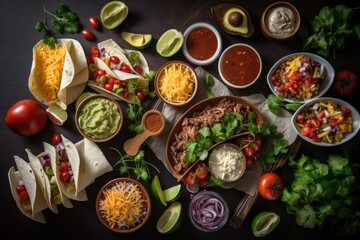 Poster - tacos, burritos and nachos ingredients spread out for a fun and colorful presentation, created with generative ai