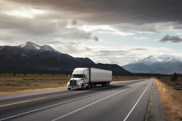 Wall Mural - Highway scene with cargo truck transporting goods, emphasizing speed, logistics, and the evolving role of technology in transportation