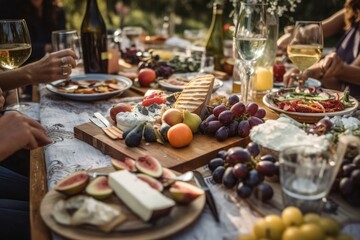 Poster - al fresco picnic with family and friends, enjoying delicious food and wine, created with generative ai