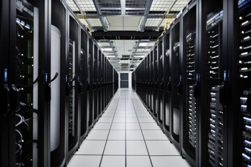 Poster - data center with shelves full of server hardware, cables in sight, created with generative ai