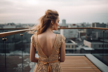 Back of woman model standing on top of building rooftop bar, travel and lifestyle inspiration