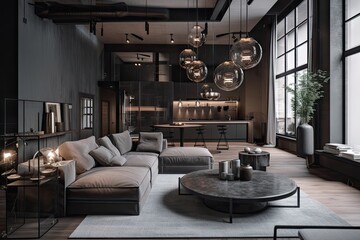 Wall Mural - industrial home with elegant and stylish interior design, featuring luxurious furniture, high-end accessories and modern lighting, created with generative ai