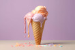 Close-up of melting multi-colored ice cream in a waffle cone, isolated on a flat background with copy space. Creative concept for summer cold desserts. Generative AI 3d render illustration imitation.