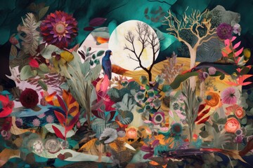 Canvas Print - bright and colorful collage filled with natural elements and patterns in nature, created with generative ai