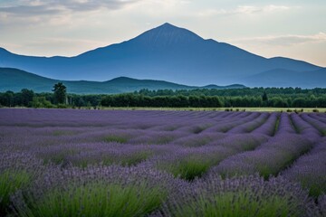 Sticker - lavender field with mountain range in the background, created with generative ai