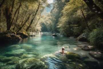 Poster - adventure traveler swimming in crystal-clear river, surrounded by towering trees, created with generative ai