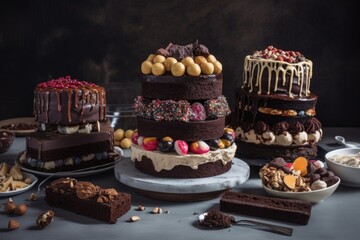 Sticker - stack of chocolate cakes, with each layer adorned with different types of frosting and toppings, created with generative ai